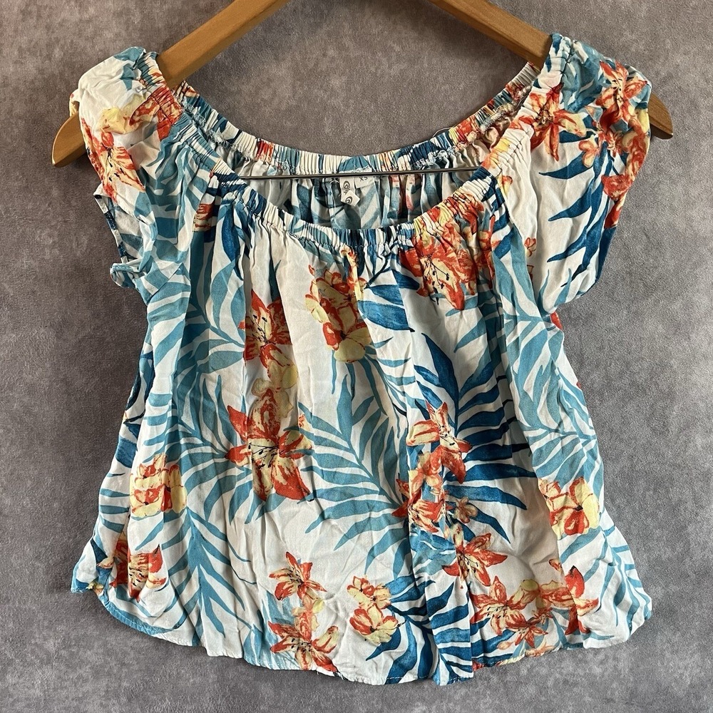 Rip Curl Floral Top Womens XS White Blue Orange Tropical Off Shoulder Cap Sleeve